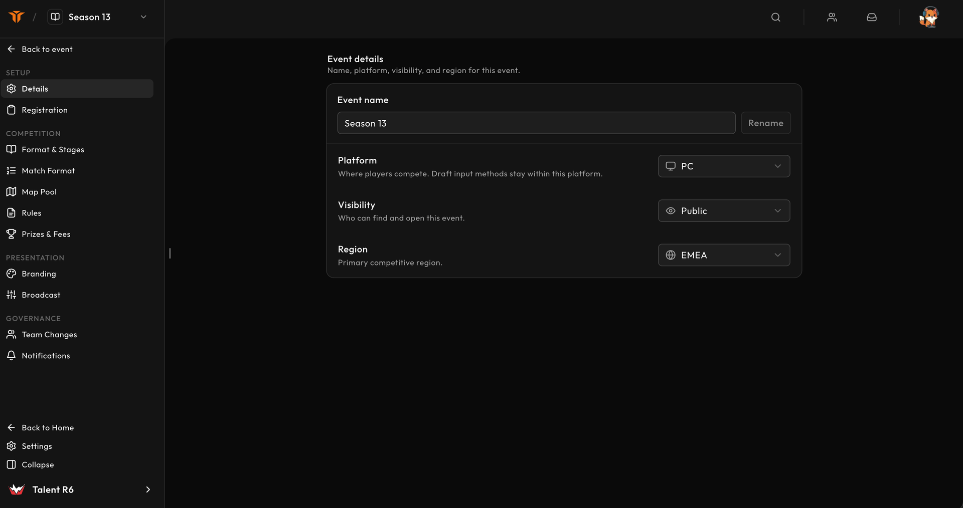 Event configuration navigation and the details form